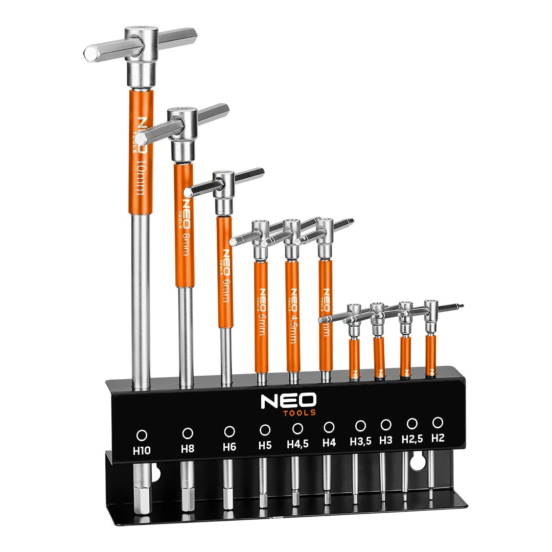 NEO TOOLS Sechskant-Set, T-Griff Schlüsselsatz | 10 Innensechskantschlüssel (HEX) 2–10 mm mit Metallständer