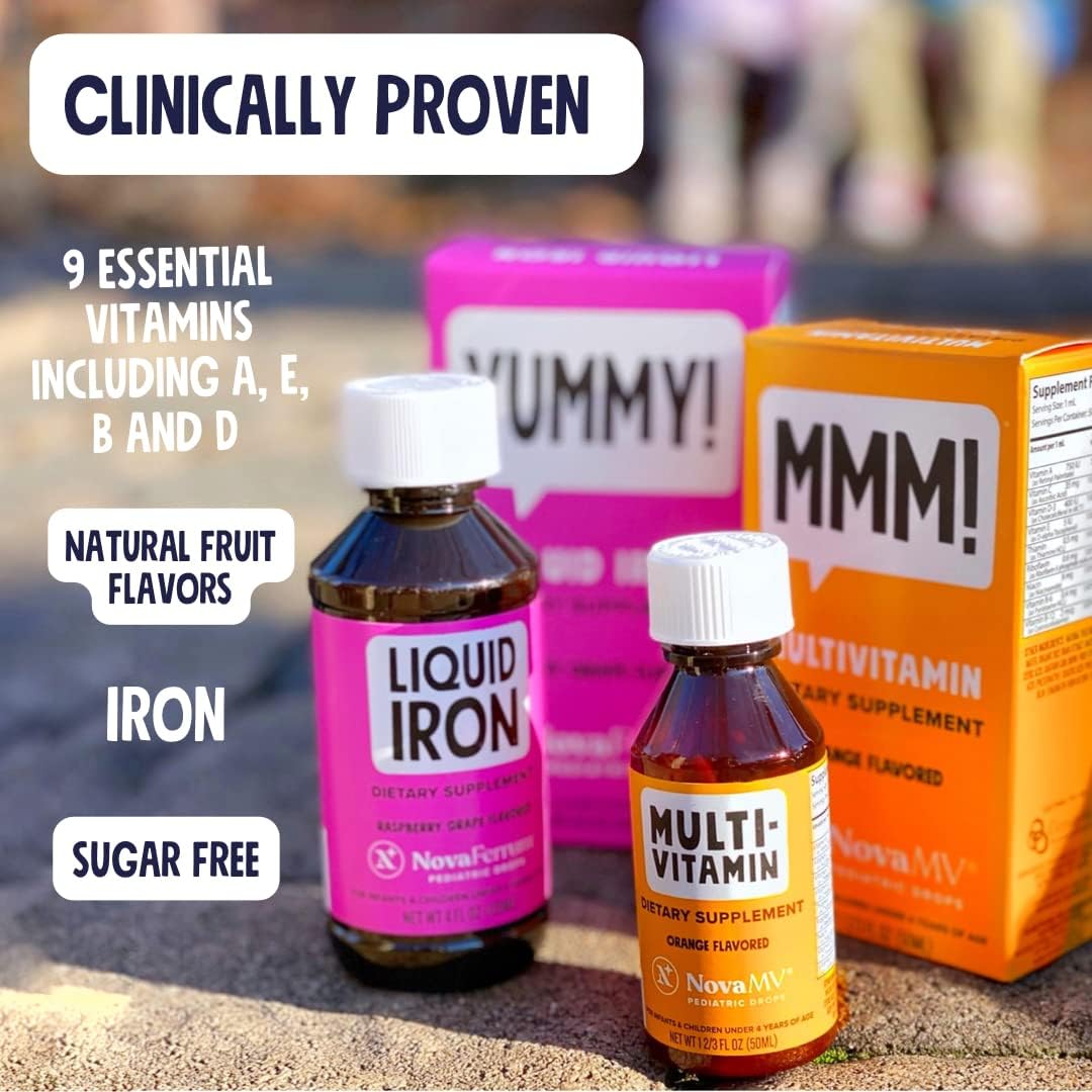 NovaFerrum - Multivitamin Natural Fruit Flavors, Natural Sweeteners, Sugar-Free, Gluten-Free (50 mL) & Pediatric Drops Liquid Iron Supplement - Raspberry Grape - 4 fl oz (120 mL) Infants & Toddlers
