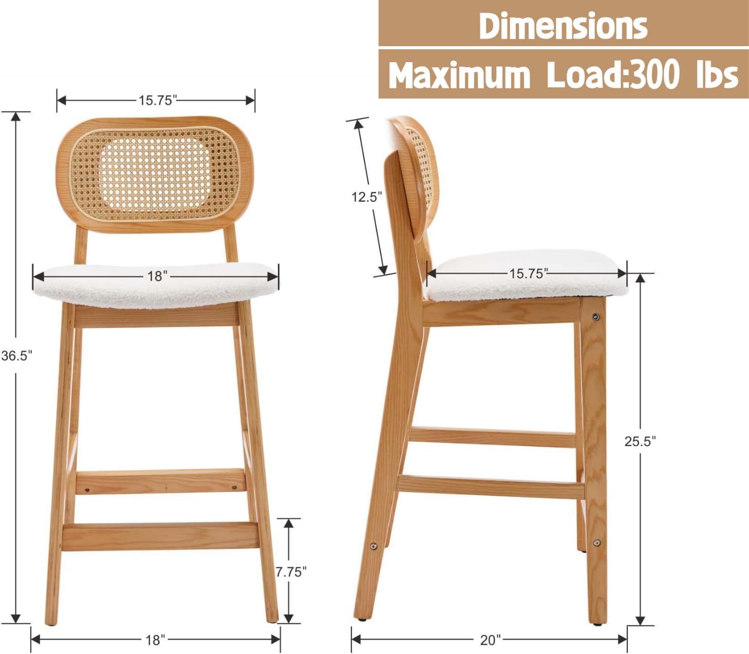 Shunzhi Rattan Counter Height Bar Stools Set of 2 Wood Farmhouse Barstools with Cane Back Boho Sherpa Kitchen Island Chairs Upholstered Bar Chairs for Pub/Home Bar, 26Inch, Cream