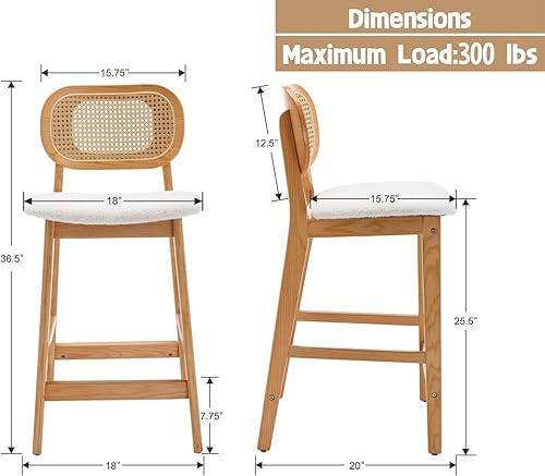 Miniatura 2 de Shunzhi Juego de 2 taburetes de bar de altura de mostrador, modernos de mediados de siglo, con respaldo de ratánsillas de bar de madera natural,