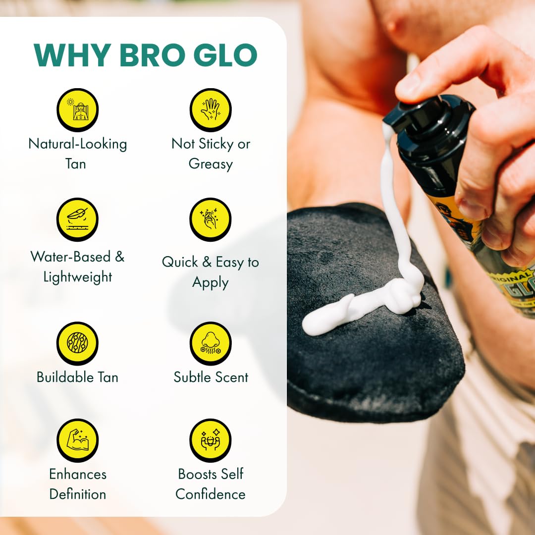 Bro Glo Selbstbräuner für Jungs – schnelle Anwendung, Schaum-Mousse, einfache sonnenlose Bräune für Gesicht und Körper, ölfrei, wasserbasiert, schnellere Hauttrocknung, natürliche sonnengeküsste