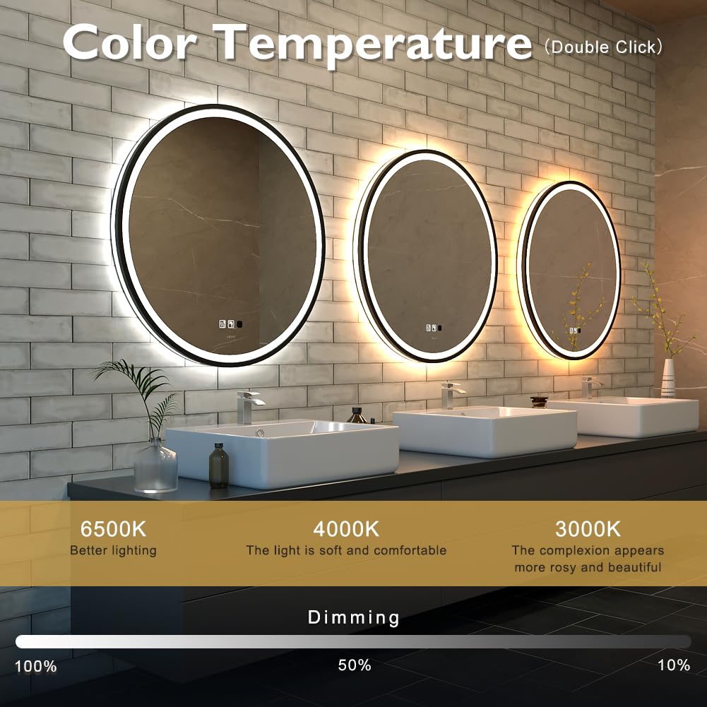 GANPE Specchio con sensore a LED, rotondo, a induzione del corpo umano, illuminato, dimmerabile, anti appannamento, impermeabile IP44, specchio da parete (60_x_60_cm)
