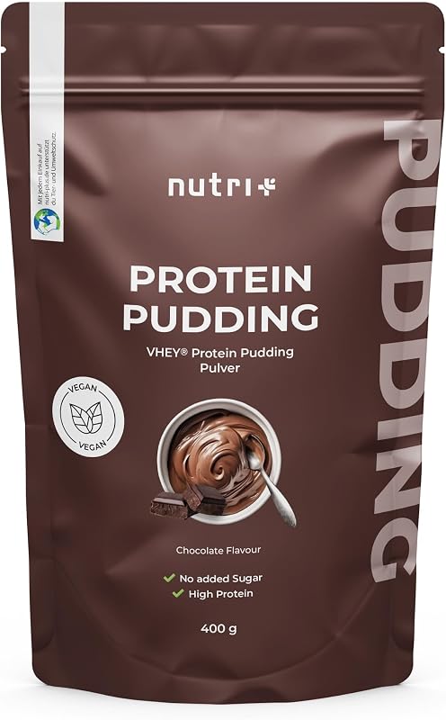 Nutri + Pudin proteico Chocolate vegano 400 g - 24 g Proteínas por Ración - sólo 106 Calorías - bajo Azúcares y Grasas Postre de Chocolate - High Protein Pudding vegan sin Lactosa y Gluten