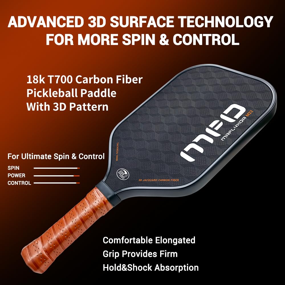 Pickleball Paddle,18K Carbon Fiber Pickleball Paddle with 3D Pattern with Cover, 16MM Polypropylene Honeycomb Core, Elongated Pickleball Racket for Spin &Control, Anti-Slip Sweat-Absorbing Grip