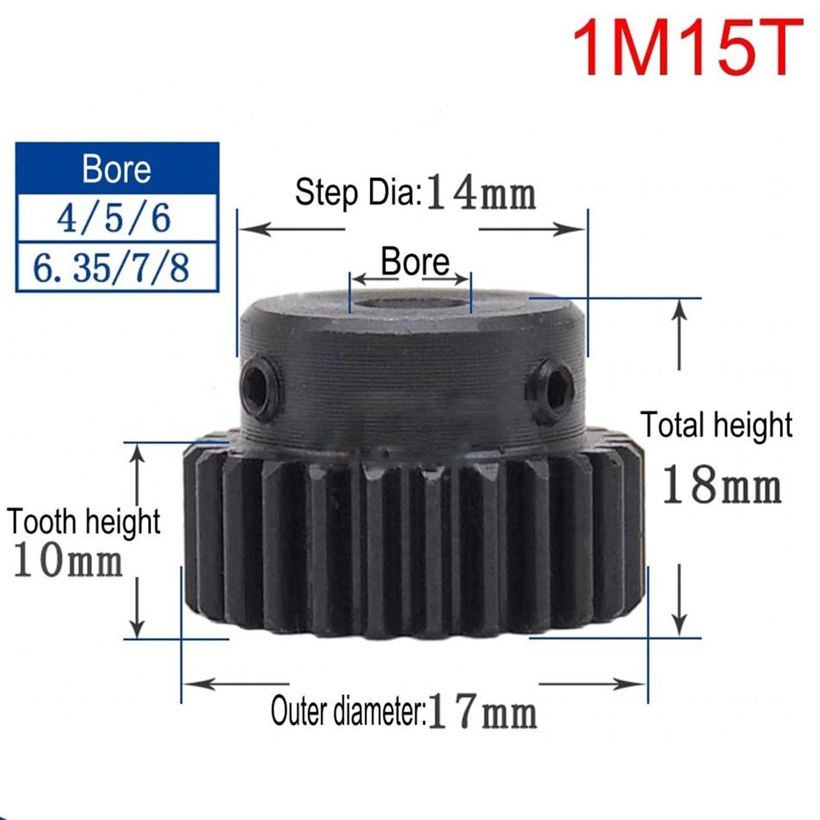 1M Stirnrad 15-18 Zähne 45# Stahl Bohrung 4-10mm schwarz