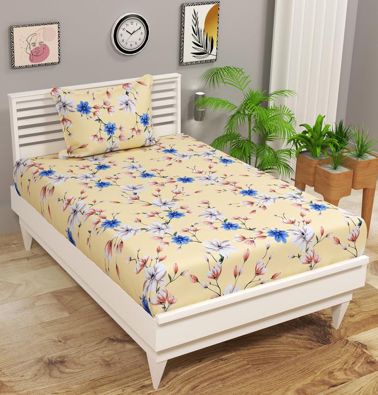 BSB HOME Pure Cotton 220 tc Flat Single | Diwan | Coat Bed Bedsheets for Summer Breathable | Wrinklefree (Size-60 X 90 Inch) with 1 Pillow Covers (Size-17 X 27 Inches, Floral, Pista and Blue)