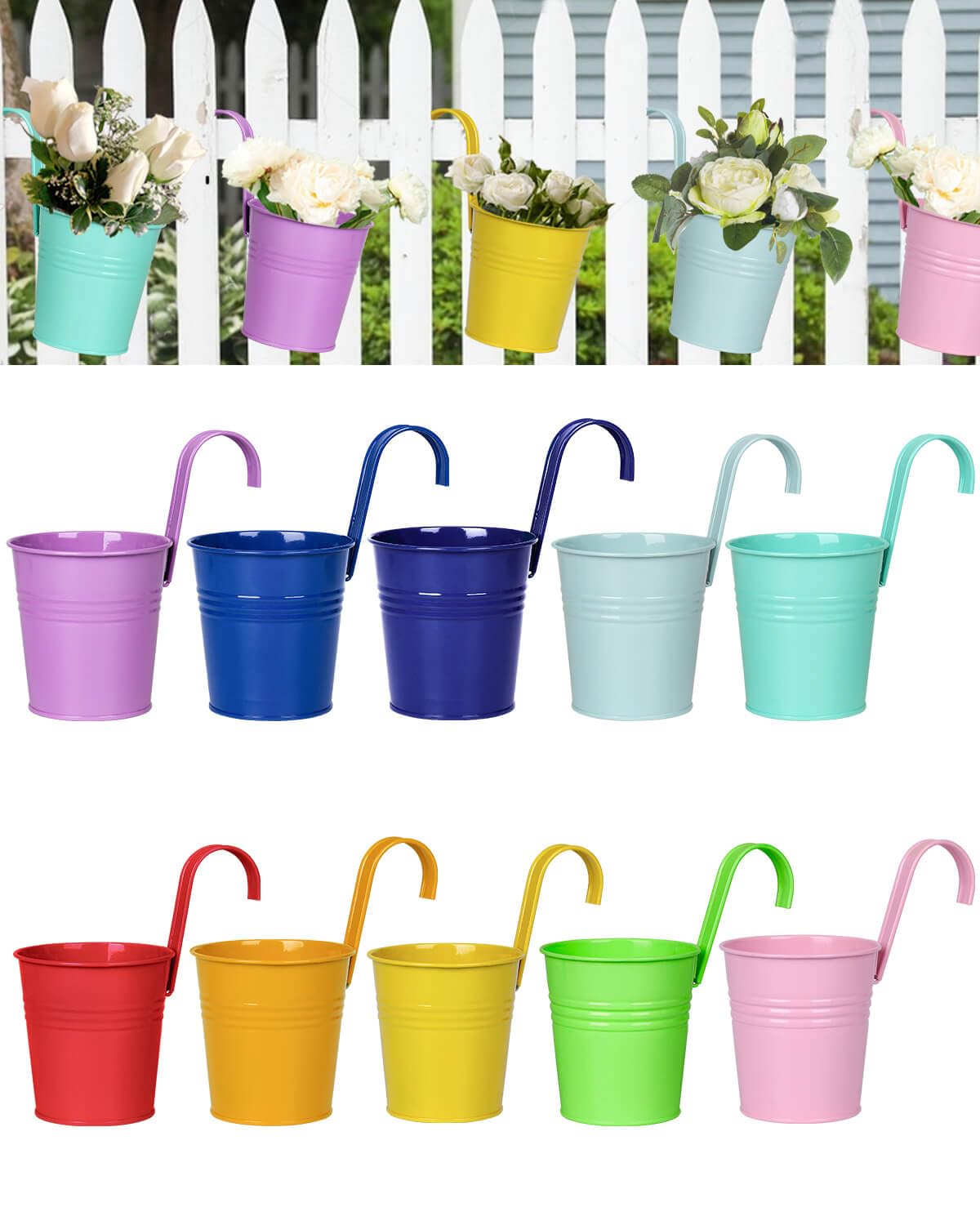 6 Inch Railing Planter for Outdoor Plants - 10 Pack Small Balcony Hanging Flower Pots with Detachable Hooks and Drain Holes Metal Oval Bucket Rail Box