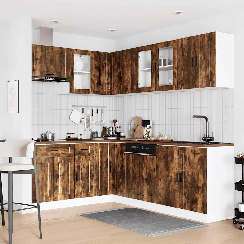 Porto - Set di 11 mobili da cucina in legno di quercia affumicata, con spazio versatile per cucina, sala da pranzo, ufficio, armadi alti e inferiori, pensili, credenze, comò, buffet