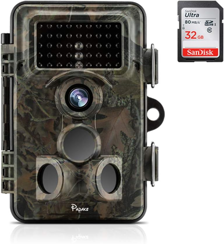 Trail Camera, Papake Waterproof Hunting Scouting Cam for Wildlife Monitoring with 120ยฐDetecting Range Motion Activated Night Vision (with 32G SD Card)