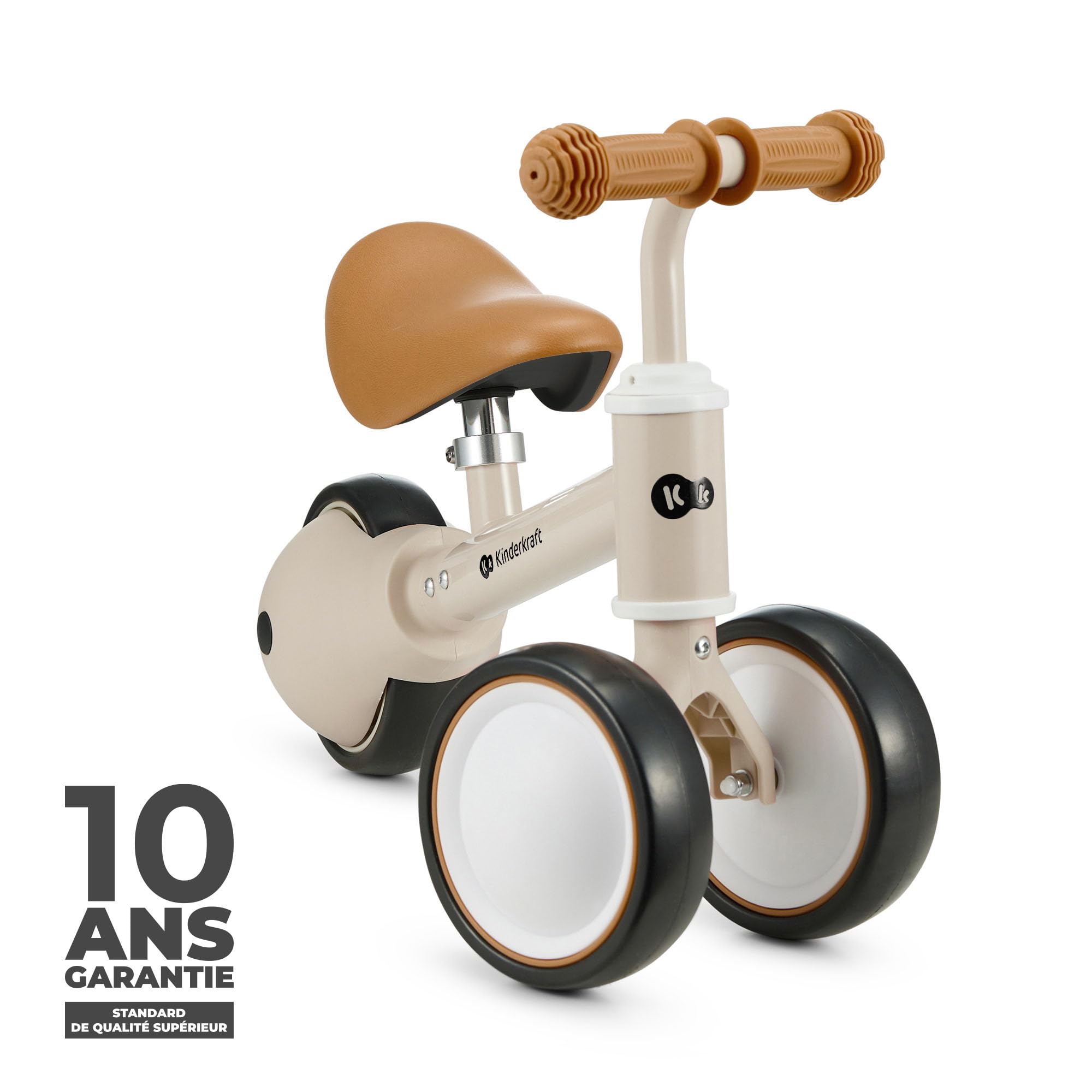 Kinderkraft Cutie Draisienne en Métal, Vélo 3-en-1, Vélo sans Pédales, Vélo Bébé, Siège Réglable (de 26 à 28 cm)., Sûr et Pratique, Poids léger, Trois Roues, 1 an à 15 kg, Beige