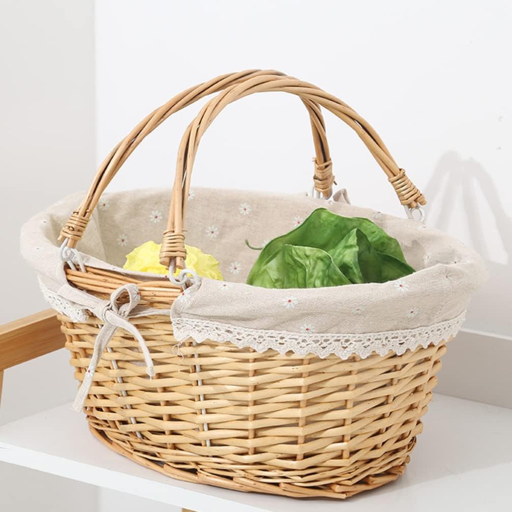 Handwoven Willow Picnic Basket with Adjustable Handle - Rustic Wicker Storage Basket for Wedding Flowers Outdoor Events Home Decoration 14.5X11.8X6.7 Inches