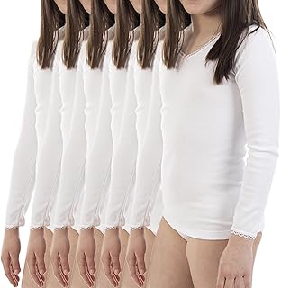 Pack Ahorro de 6 Unidades - Camiseta Interior Termal de niña L144, de Manga Larga y Cuello Pico con puntilla. Misma Talla y Color.