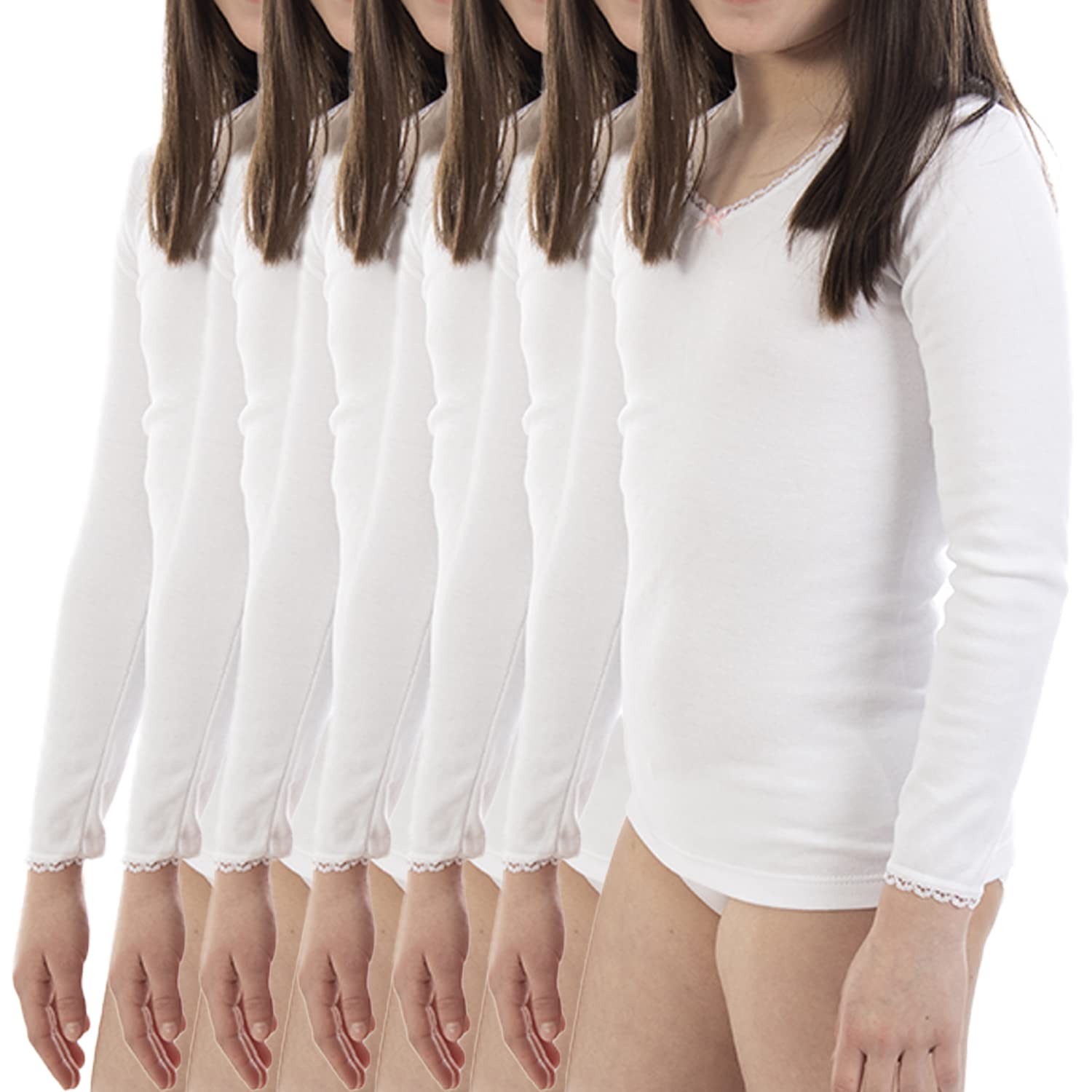 LACOTEX L C T Pack Ahorro de 6 Unidades - Camiseta Interior Termal de niña L144, de Manga Larga y Cuello Pico con puntilla. Misma Talla y Color.
