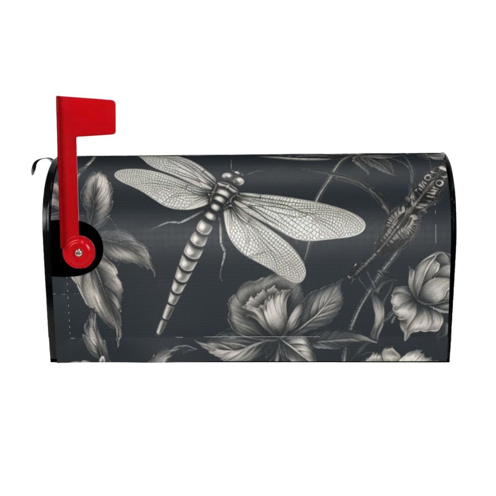 Black Flowers and Dragonfly Mailbox Covers Magnetic Wraps Post Letter Box Cover Garden Home Decor 25.5x21 in