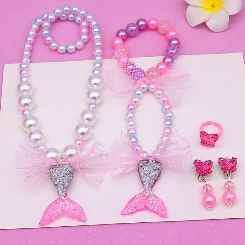 2 Sets Mermaid Jewelry Dress Up Set for Girls, Mermaid Necklace, Shell Bracelet, Ring & Earrings Pretend Princess Accessories for Kids Ages 3-8 Birthday, Halloween & Costume Party Gift - Image 6