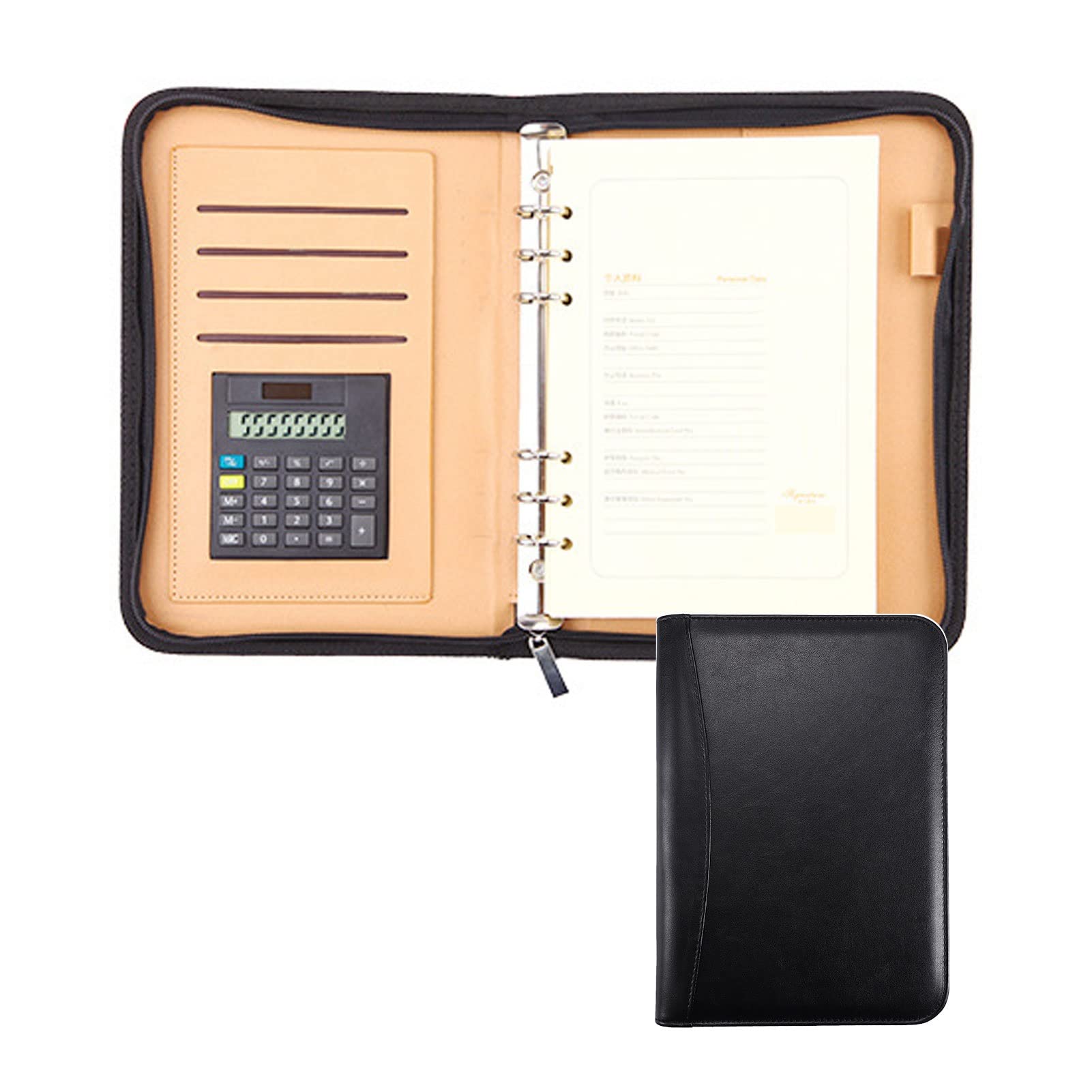 Mewmewcat Portable Professional Business Portfolio Padfolio Folder Document Case Organizer A5 PU Leather Zippered Closure With Calculator Holder Memo Note Writing Pad