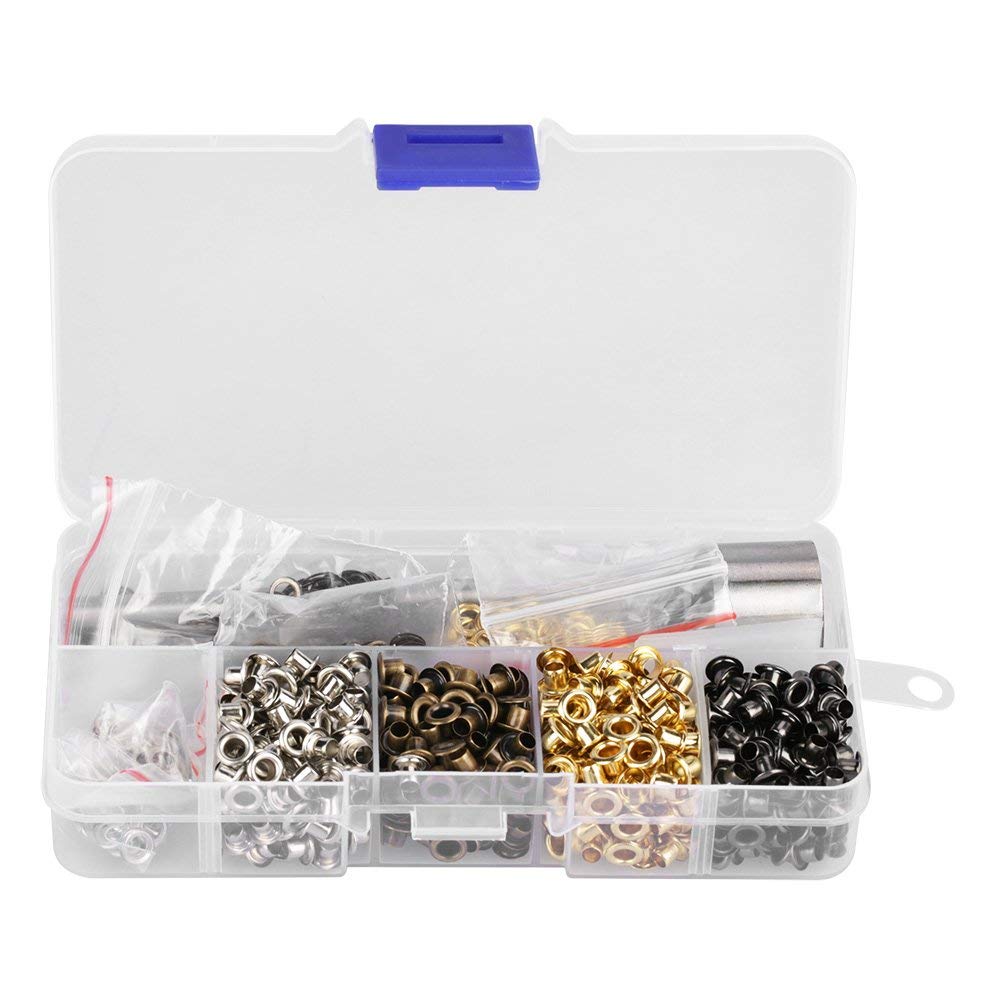 Kit Occhielli e Rondelle 420 Pezzi 3mm con 3 Strumenti di Installazione, 4 Colori Semplici Rinforzi Adesivi per Occhielli Artigianato, Rivetti Riparazione Tessuto Telo
