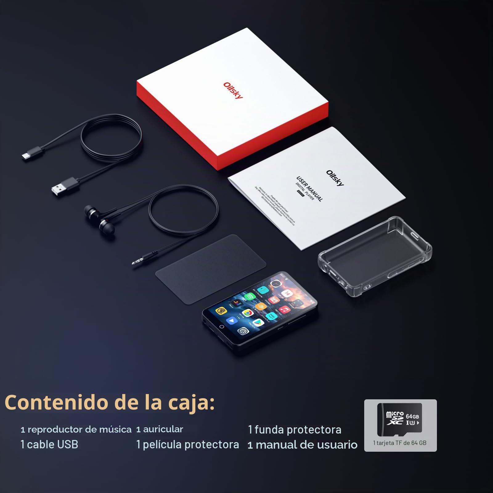 Reproductor de MP3 con Bluetooth y WiFi, Oilsky 80GB 4'' Android 9.0 Mp3, 1080P Pantalla táctil MP4, Reproductor de Música Portátil con Spotify, Audible, Deezer (Negro)