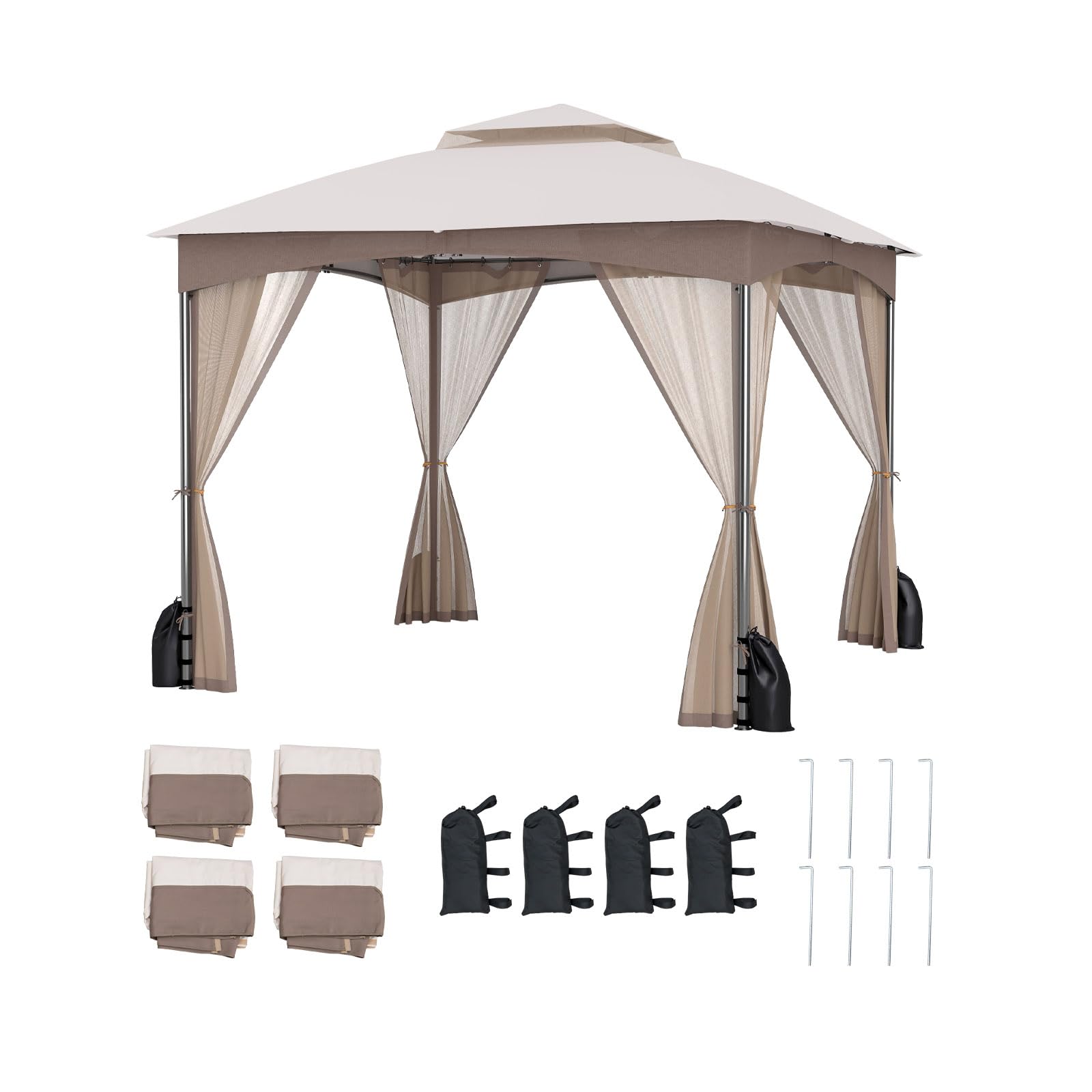 RELAX4LIFE Pergola da 3 x 3 m, con Zanzariera, Padiglione Idrorepellente con Doppio Tetto, Gazebo da Giardino con Telaio in Metallo, 8 Picchetti per il Terreno, 4 Sacchi di Sabbia (MARRONE)