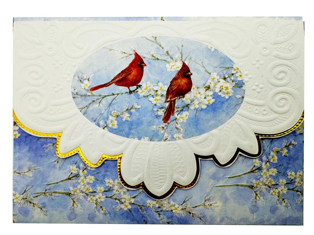 Poster Foundry Set of 3 - Red Cardinals on blue Boxed Note Cards by Carol Wilson. 10 embossed 4x5 Die-Cut Notecards and Matching Envelopes in Decorative Gift Box with Magnetic Flap. NCP2700