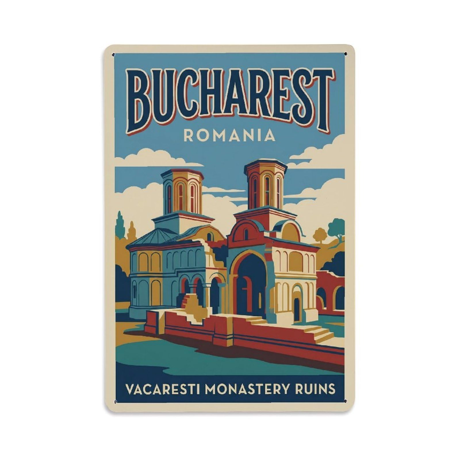Vintage Travel Bucharest Vacaresti Monastery Clean Romania Metal Tin Sign Plaque Wall Decor for Cafe, Club Bar, Office, Home Garden Metal Poster 8x12Inch