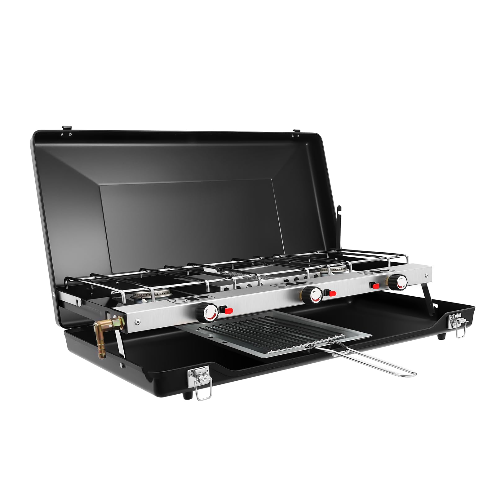 Hornillo de camping de 3 fuegos, 4,5 kW, plegable, portátil, con encendido piezoeléctrico, protección contra el viento, sin montaje para camping, picnic