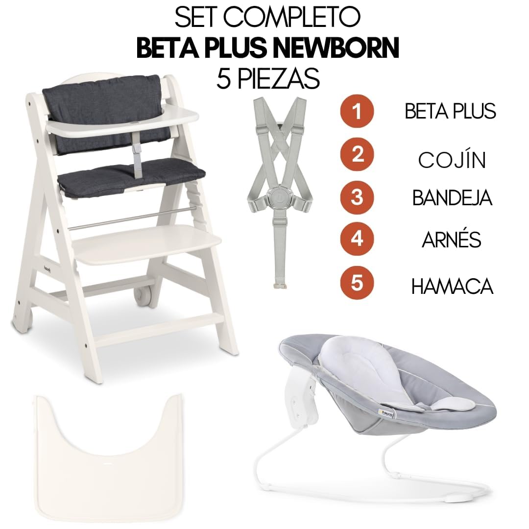 hauck Beta Plus Newborn Set - Trona Evolutiva Madera con Hamaca Bebé Recien Nacido Cojín y Bandeja - Trona Evolutiva Bebe con Ruedas - Silla Evolutiva - Blanco