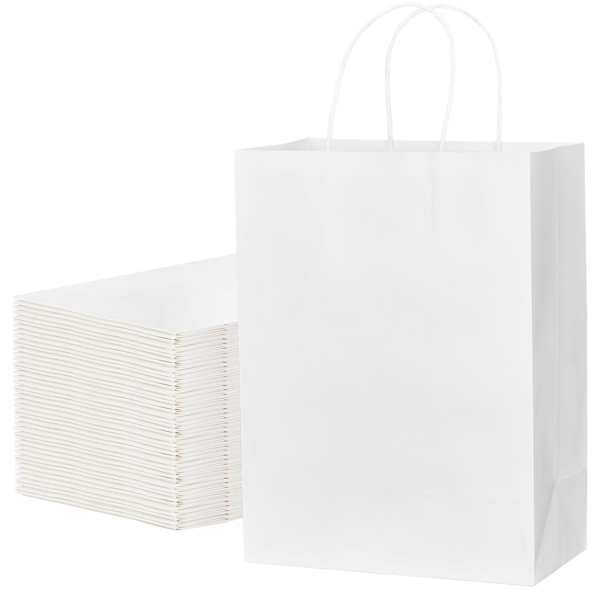 ECOEXTRA Gift Bags 100Pcs White Paper Bags with Handles Bulk 8x4.5x10.8 Inch White Gift Bag Medium Size, Kraft Paper Bag, Grocery Shopping Retail,