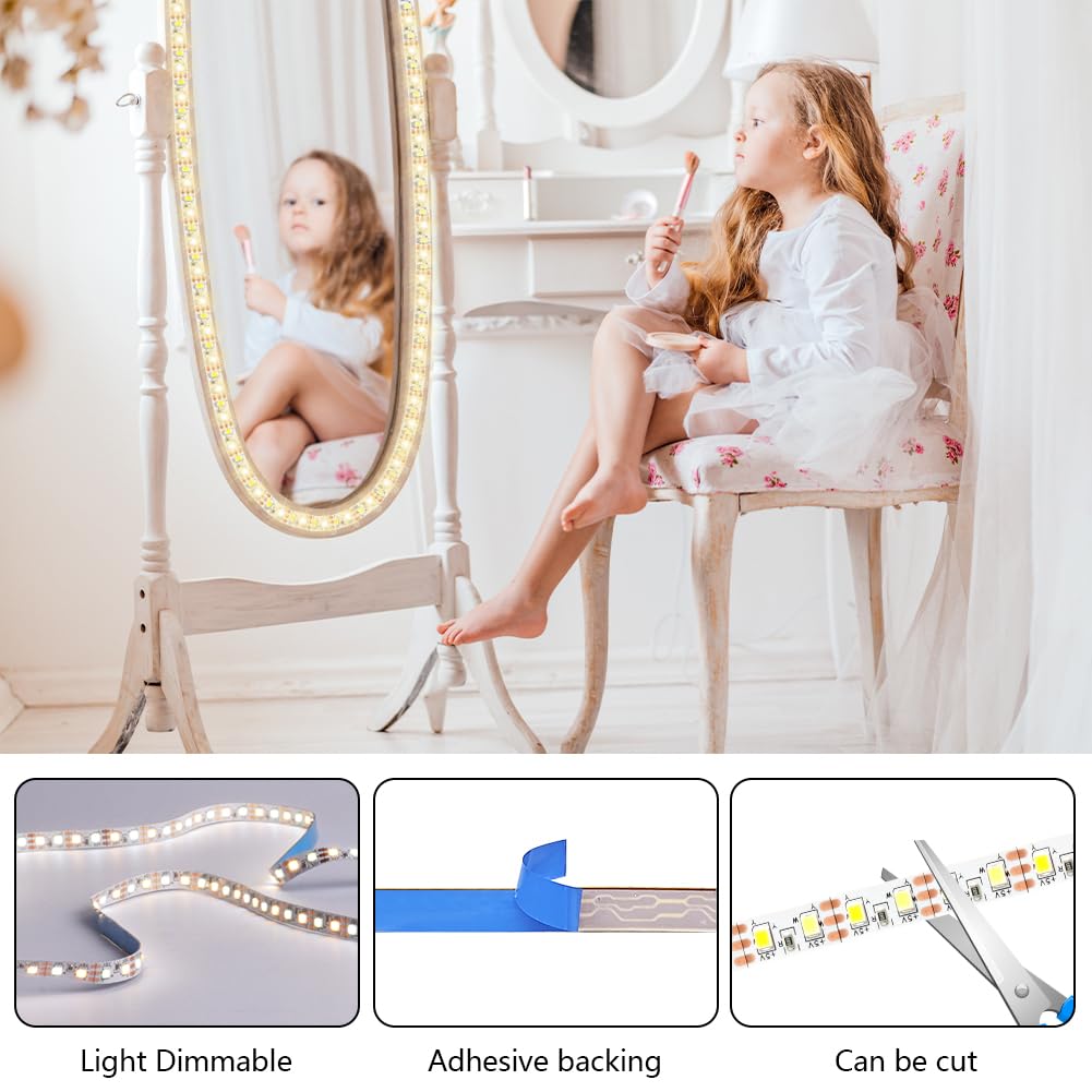 URAQT Luci Da Specchio, USB Luci per Specchio da Trucco per tavolo da toeletta, Striscia LED Flessibile da 4 m LED, 3 Modalità Colore, 9 livelli di regolazione, Kit per Specchioper il bagno