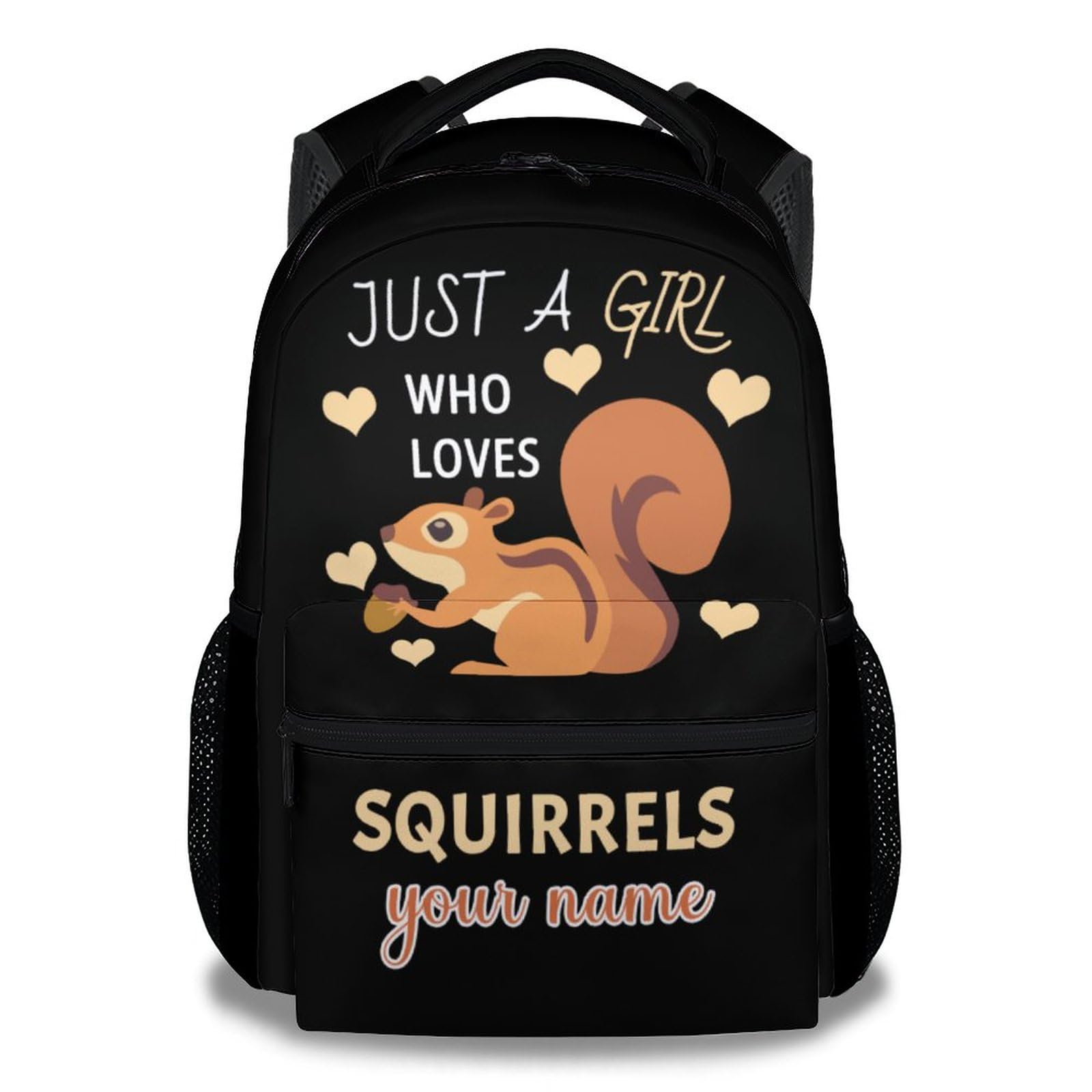 CUNEXTTIME Custom Squirrel Backpack for Girls Boys, 16 Inch Black Backpacks for School, Cute Lightweight Durable Bookbag for Kids