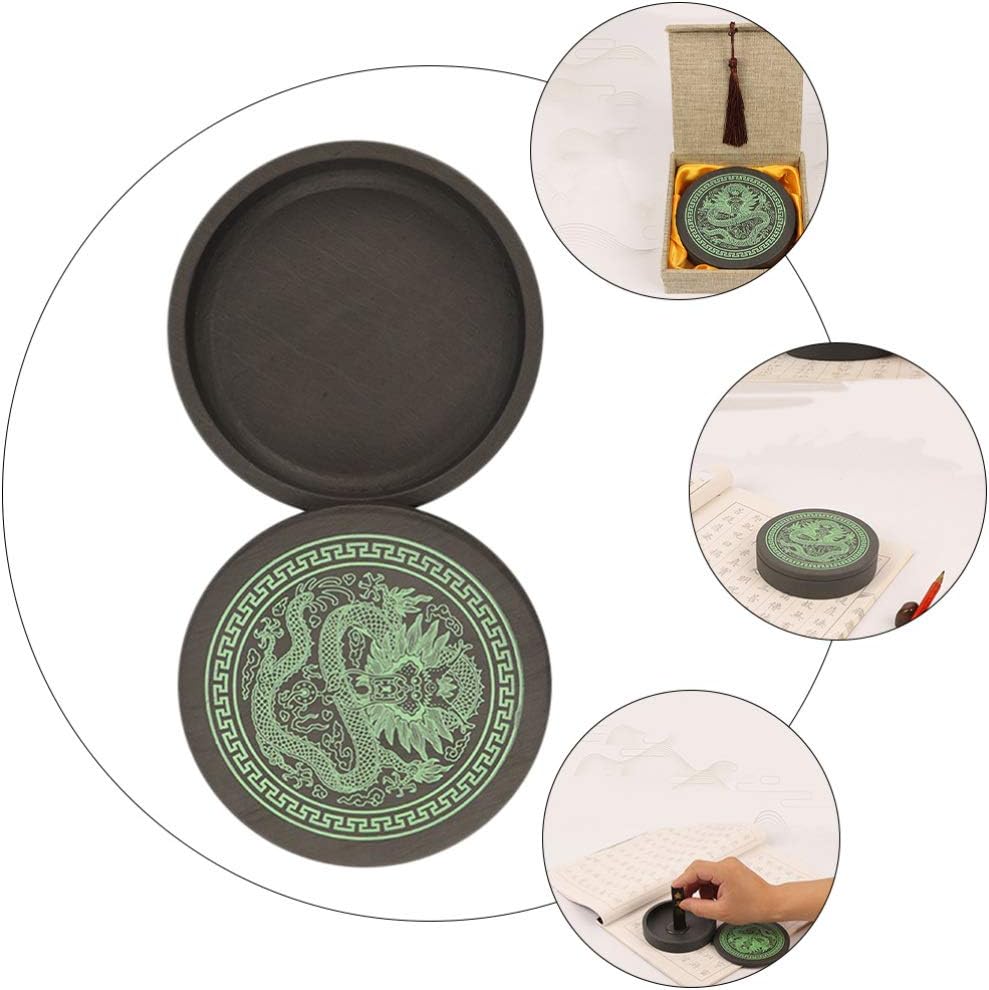 TOYANDONA 1set Premium Inkstone Traditional Chinese Calligraphy Sumi Ink Grinding Lid Durable Qinglong Design for Beginners and Students