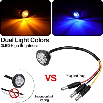 TMH 50 Pcs Dual Color Marker Light of Amber to Blue with Connector Plug - Turn Stop Signal Auxiliary, Side Marker Clearance Bullet Lights for Trailer Truck Pickup RV