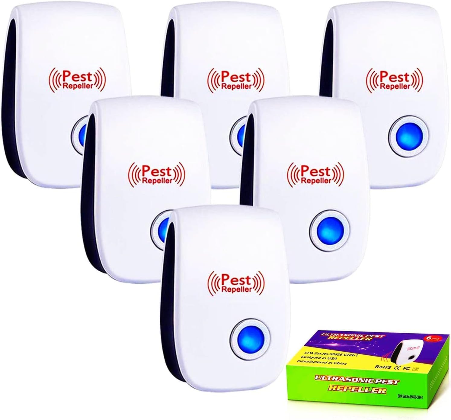 Ultrasonic Pest Repeller, Mouse Repellent, Indoor Pest Control, Pest Repellent Ultrasonic Plug in, Spider Repellent, Indoor Ultrasonic Repellent for Roach, Rodent, Mouse, Bugs, Mosquito, Mice, 6 Packs