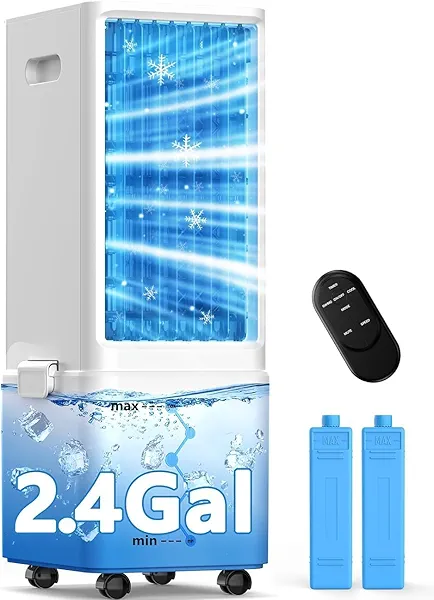 COOLECH Windowless Air Conditioner w/ 4 Modes & 3 Speeds, Waterless Alert, 2.4-Gal Tank for 20H Cooling, 12H Timer, 20FT Remote, 70° Auto Swing Evaporative Air Cooler, Portable AC Unit for Bedroom