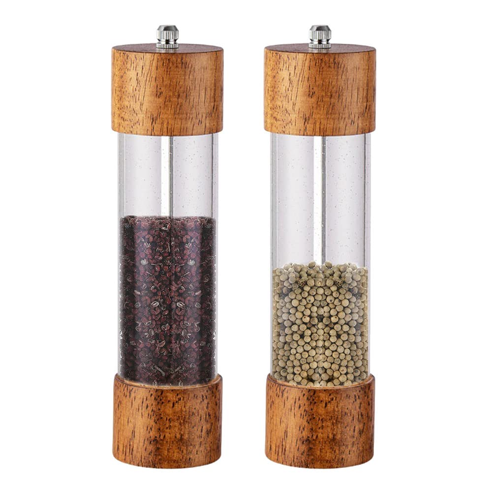 QUDUMEWooden Pepper And Salt Grinder Set, 8.5 Inch Refillable Manual Spice Shakers Adjustable Roughness with Transparent Window for Chili Coriander Cumin Seeds Rosemary Thyme Sesame (set of two)