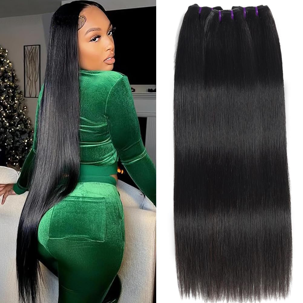 Luduna Straight Bundles Human Hair 100% Unprocessed Virgin Remy Hair 16A Straight Quick Weave 3 Bundles for Black Women Natural Color