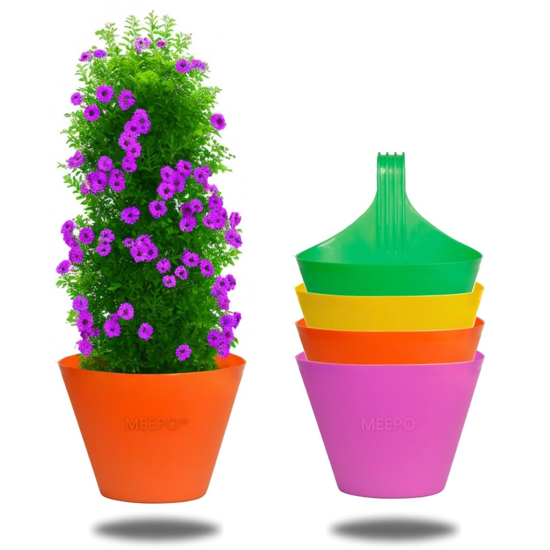 Meepo Hanging Pots for Home & Balcony Garden | Plastic Single Hook Hanging/Railing Pot Planter Flower Pots, Multicolour Set (4, 9 Inch) (B0CNRRSW49) Amazon Price History, Amazon Price Tracker