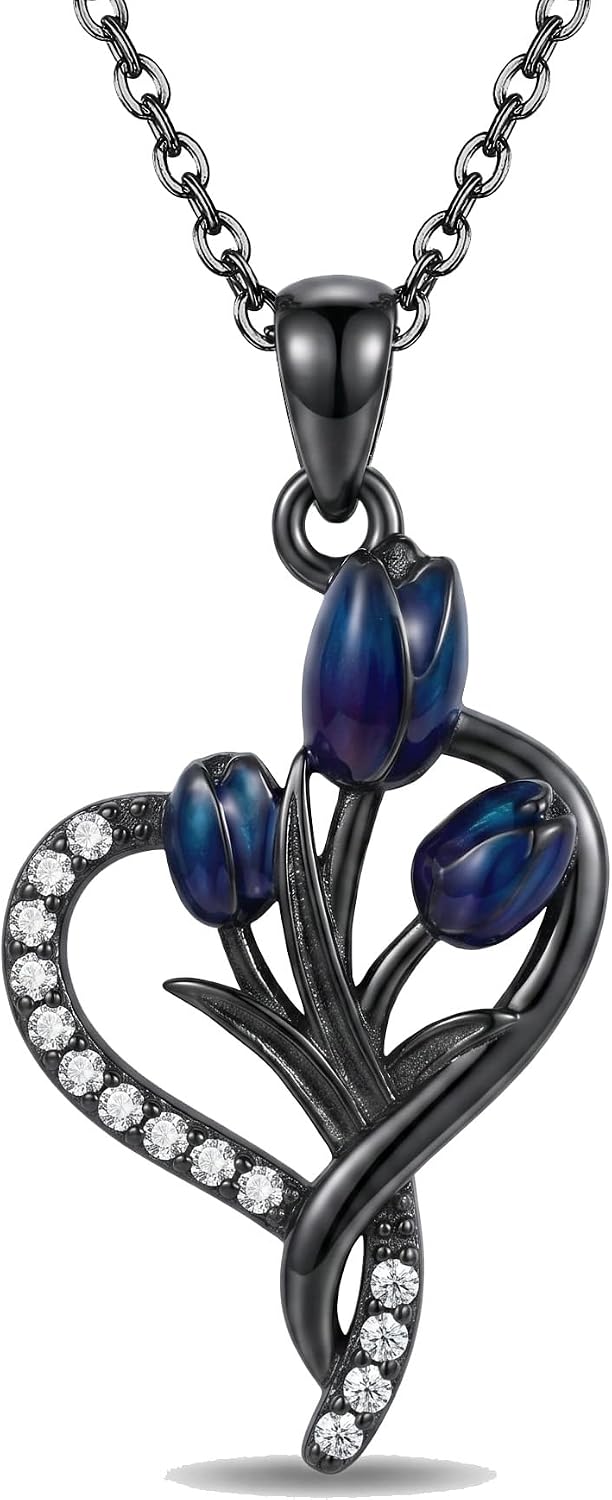 Gothic Necklace 925 Sterling Silver Bat/Black Rose/Lily/Tulip/Lotus/Wine Glass/Satanic/Rib Cage Goth Pendant Necklace Moss Agate Turquoise Skull Skeleton Jewelry Halloween Gifts for Women Men