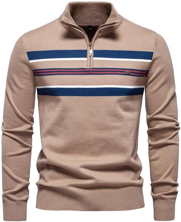 Winter Men's Sweater Half Zipper Knitted Sweaters Casual Striped Men Top
