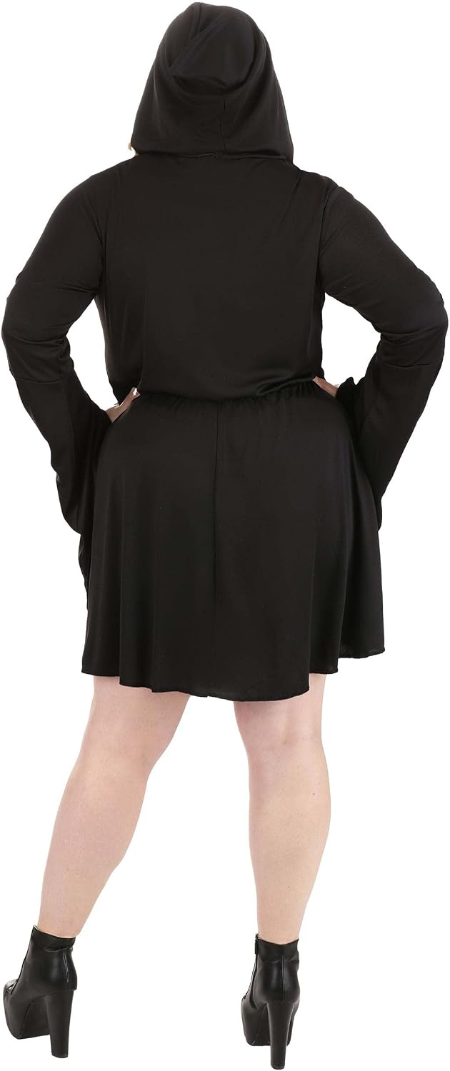 Plus Size Women's Gilded Skeleton Dress Costume with Metallic Gold Accents: Hood, Flared Sleeves & Leather Mask