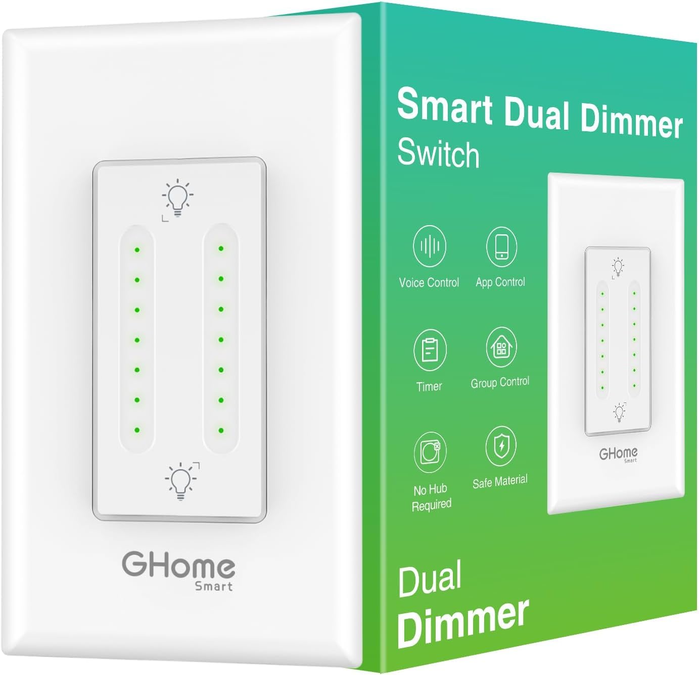 GHome Smart Dual Dimmer Switch, 2 in 1 Control, 2.4Ghz WiFi Smart Light Switch Compatible with Alexa and Google Home, Single-Pole, Neutral Wire Required, Voice Control, FCC Certified