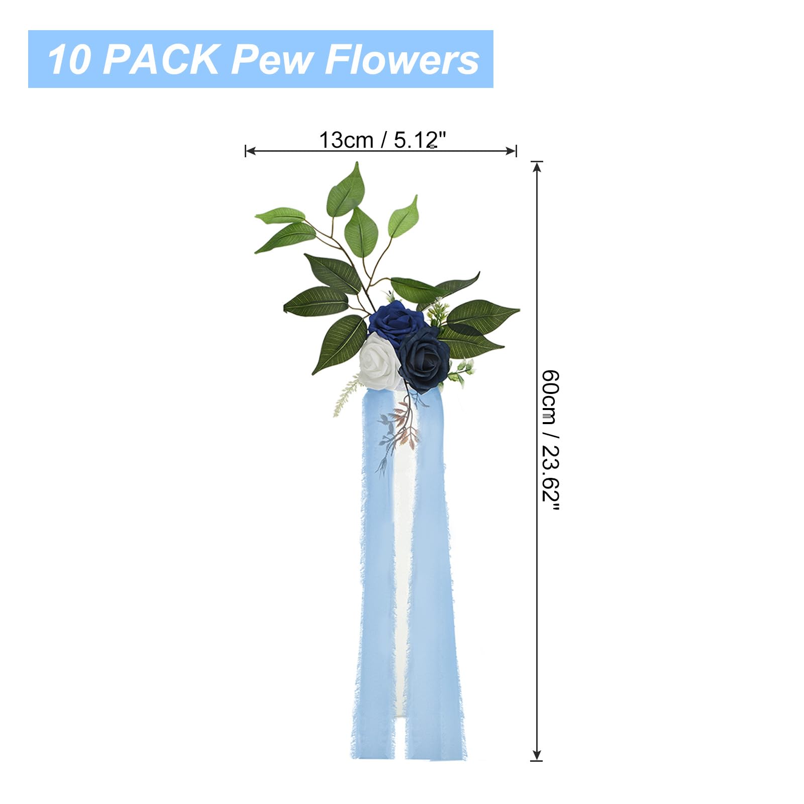 PATIKIL Hochzeit Schiff Dekorationen Topfblumen für Hochzeit Zeremonie Stuhl Set von 10 Stuhl Blumig Dekoration mit Kunstblumen Eukalyptus und Bänder für Kirchenstuhl Party Blau