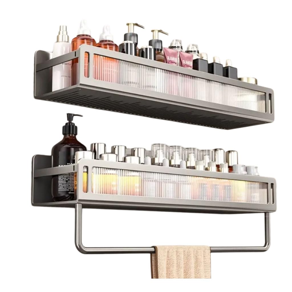 Mensola da Doccia Senza forare, Organizer da Bagno con portasciugamani, Ripiani ventilati, scaffale Doccia salvaspazio in Alluminio Resistente alla ruggine,Modell c,40cm