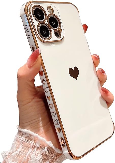 CloudValley Designed for iPhone 13 Pro Max Case with Camera Protection, Luxury Cute Love Heart Plating Gold Edge Soft TPU Rubber Slim Protective Bumper Cover for Women Girls, White