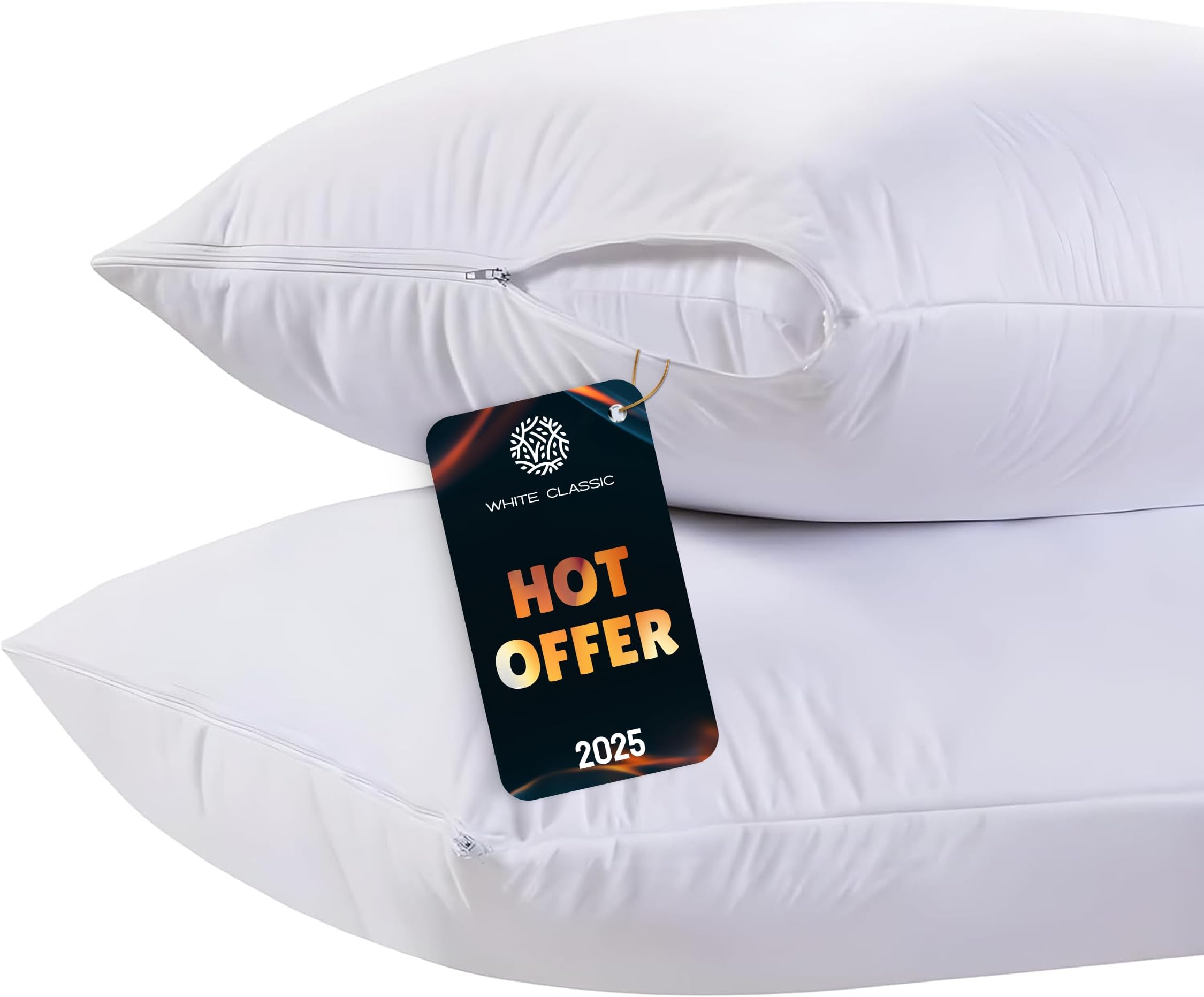 White Classic Pillow Protector Standard Size Zippered Pillow Cases (2 Pieces, Standard 20" x 27")