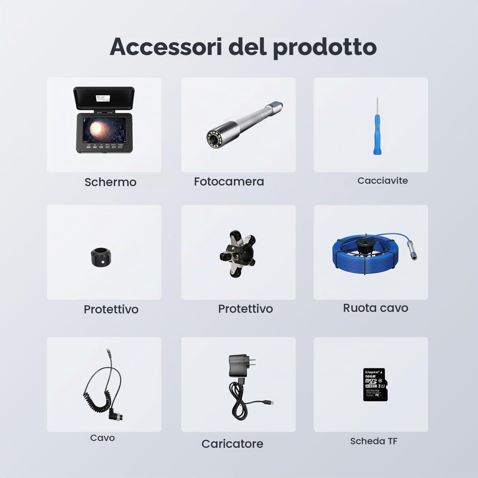 Telecamera Ispezione Tubi Kit, Sonda Telecamera Endoscopio con Trasmettitore 512 HZ e Autolivellamento, 5'' Endoscopio Professionale con Registratore DVR, IP68 Telecamera per Fognatura Impermeabile