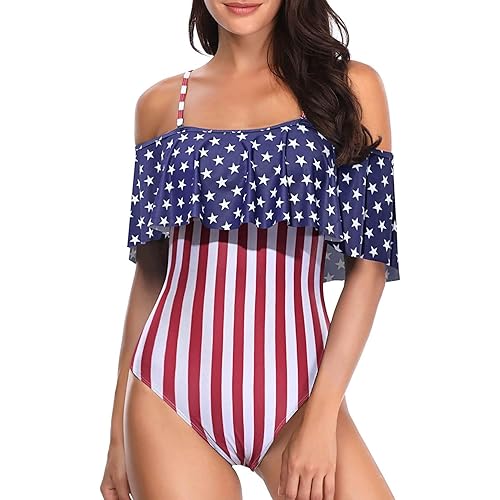 Tempt Me Women's One Piece Swimsuit Vintage Off Shoulder Ruffled Bathing Suits