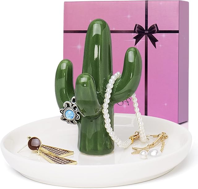 FORAGIFT Gift for Women - Ceramic Cactus Ring Holder Jewelry Dish is a Wonderful Gift for Cactus Lovers, Mother, Sister, Aunt, Girlfriend, Christmas Birthday Wedding Gifts for Her