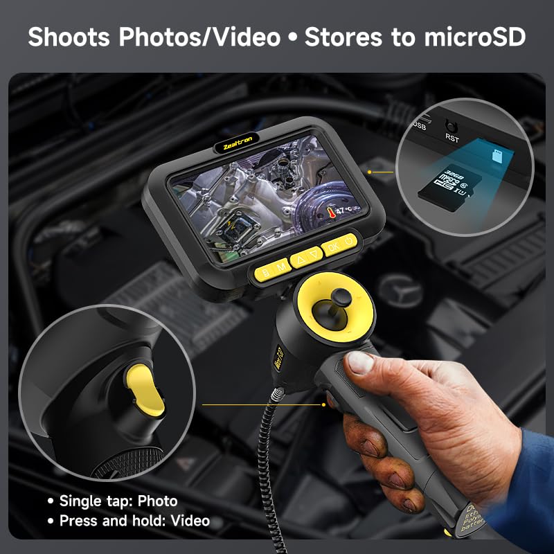 Cámara de Inspección Articulada 360° con Joystick, Monitor 5'', Sonda Delgada 6.2mm, Endoscopio con Cable Flexible 5ft (1.5m) - Batería Dual