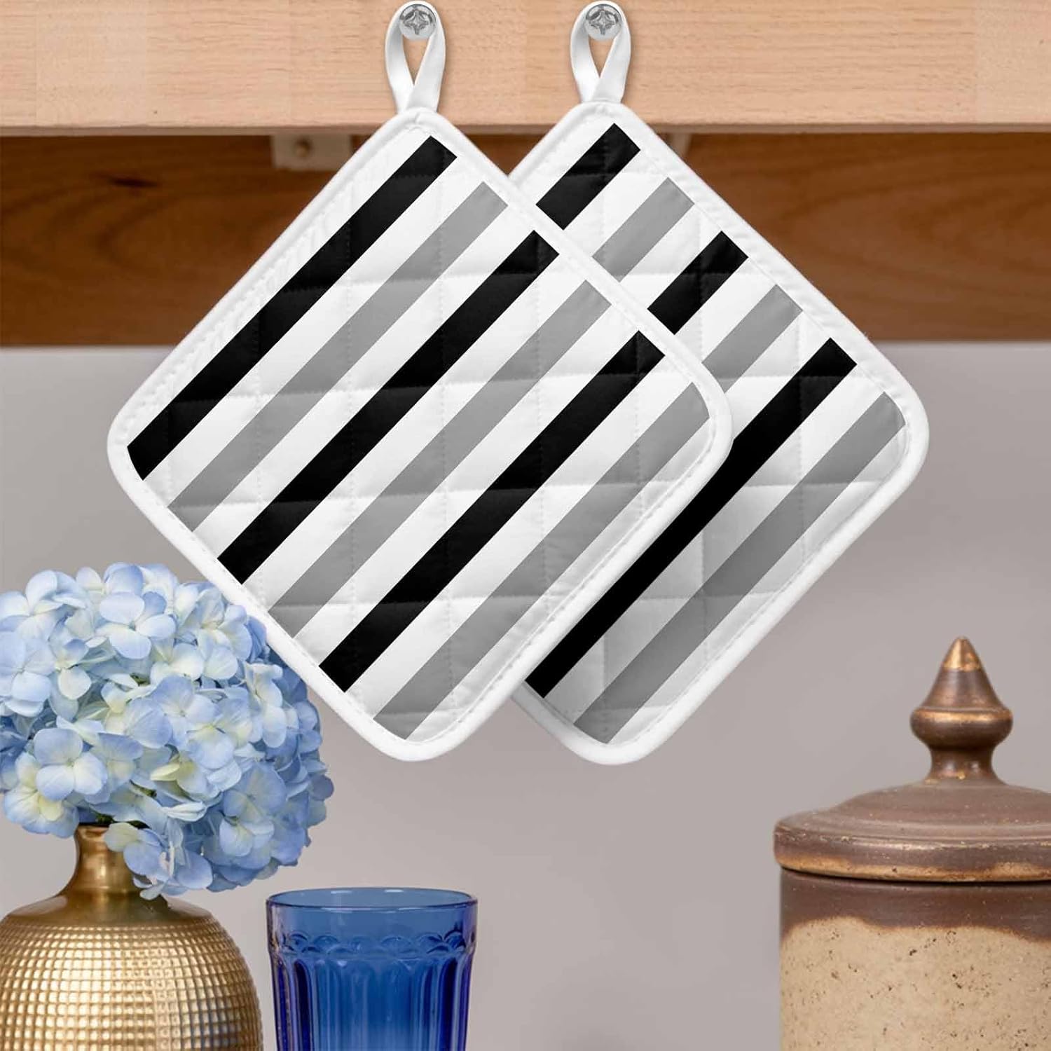 5 Pack Pot Holders for Kitchen, Black Gray Striped Hot Pads for Kitchen Countertops Oven Pot Holder Bulk, Farmhouse Stripe Art Heat Insulation Potholders with Hanging Loops